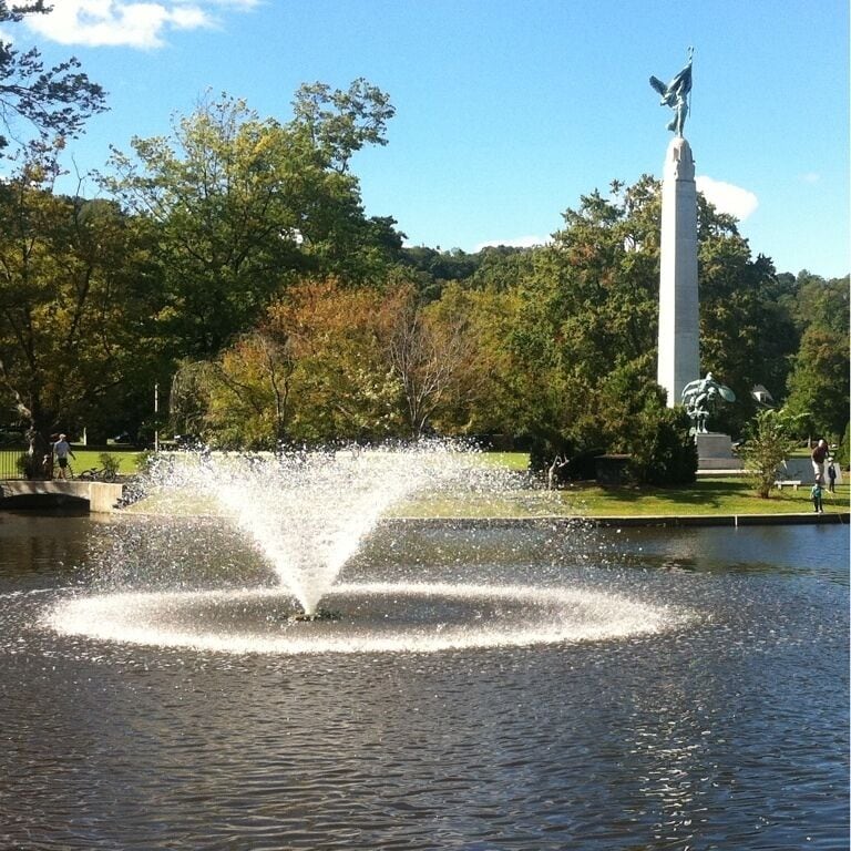 A fountain with water jets, a statue on a tall column, and trees in the background.