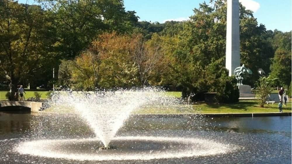A fountain with water jets, a statue on a tall column, and trees in the background.