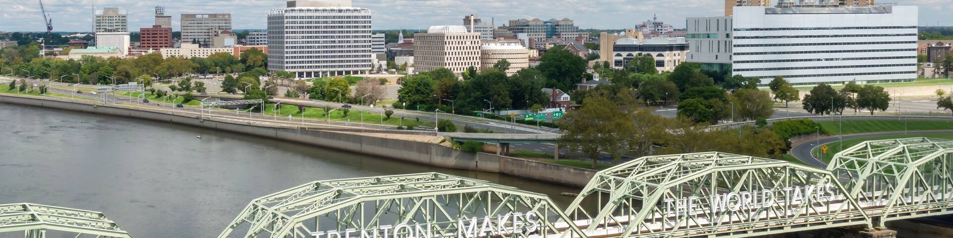 Lower Trenton Bridge over the Delaware river and downtown Trenton, New Jersey, United States.