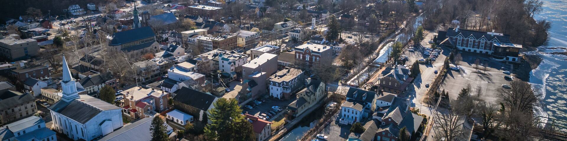 Aerial Drone of Lambertville New Hope in the Winter