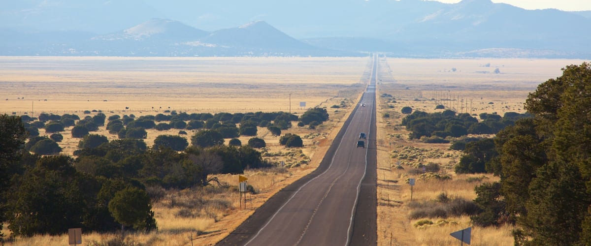 A long straight road in a flat, arid landscape with sparse vegetation and distant mountains.