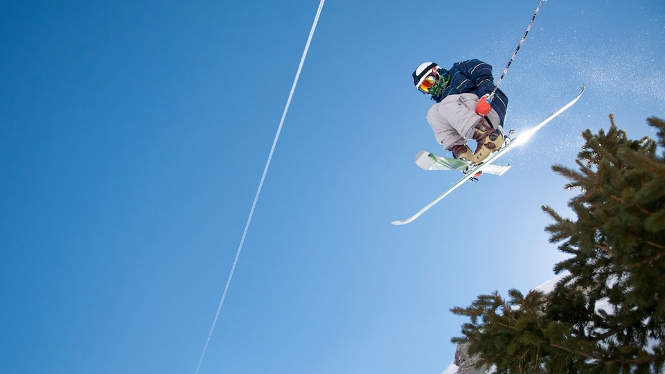 A skier in mid-air against a clear blue sky.