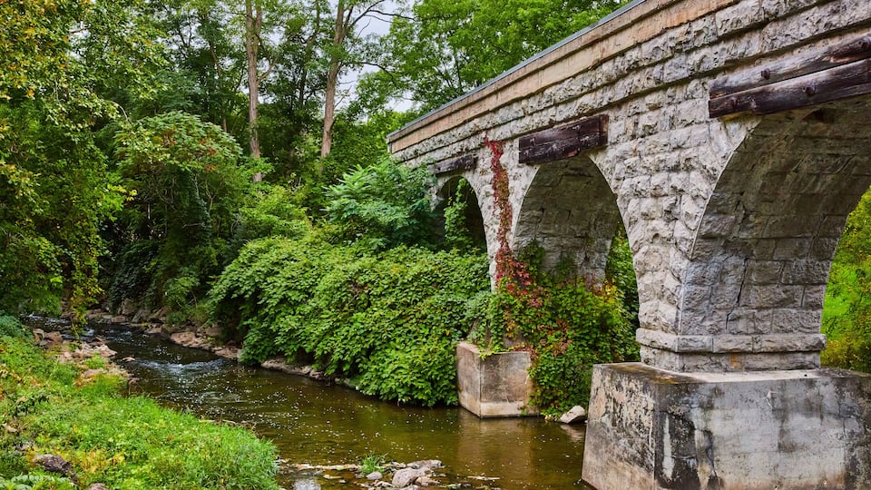 A stone bridge over a river surrounded by lush greenery.