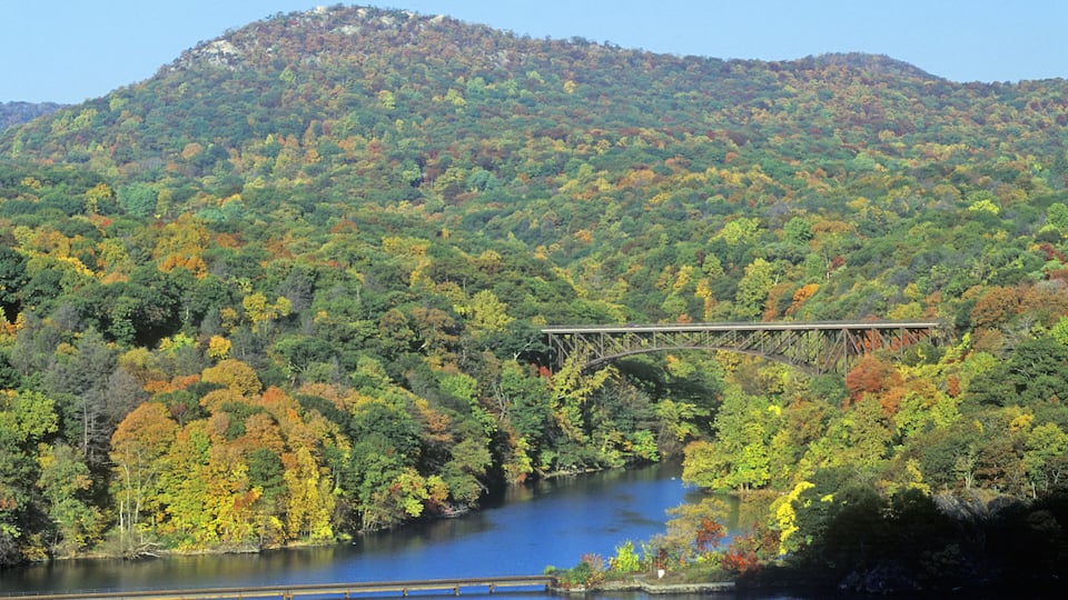 A wooden bridge over a river, surrounded by autumn-colored trees and a hill in the background.
