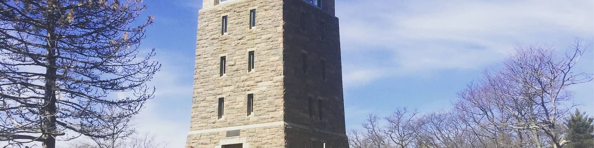 A stone tower with a green roof and antenna, surrounded by rocky terrain and sparse trees.