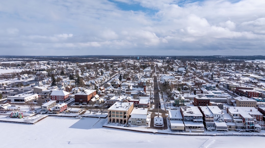 Clayton, NY, USA - 02-09-2025: Winter aerial image Clayton, NY along a frozen St Lawrence River