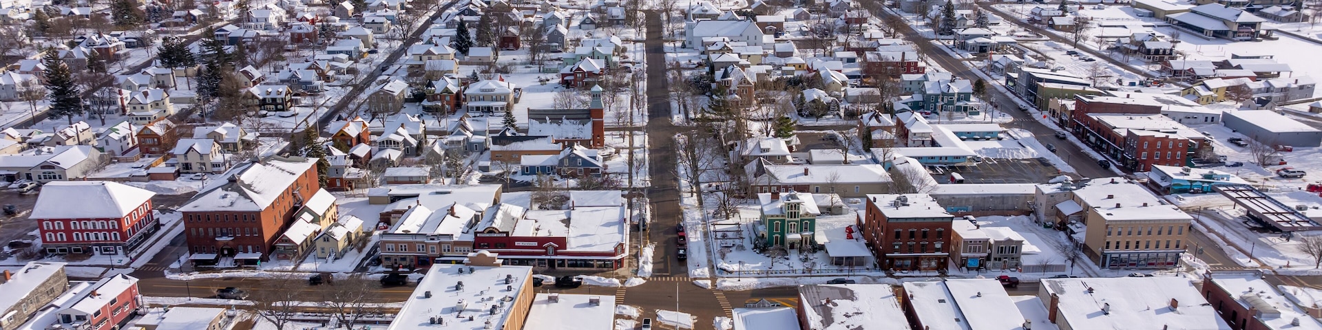 Clayton, NY, USA - 02-09-2025: Winter aerial image Clayton, NY along a frozen St Lawrence River