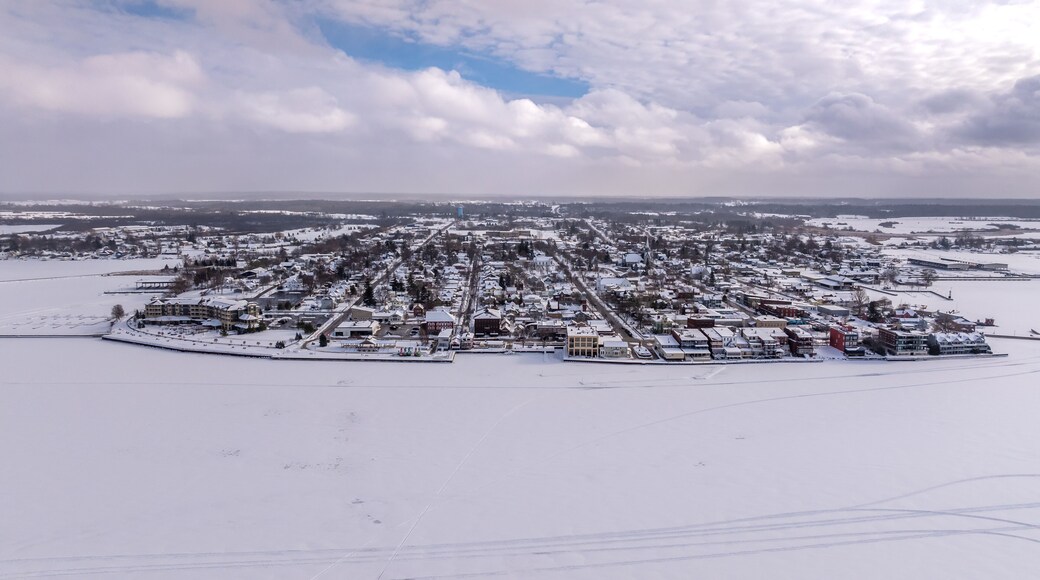Clayton, NY, USA - 02-09-2025: Winter aerial image Clayton, NY along a frozen St Lawrence River