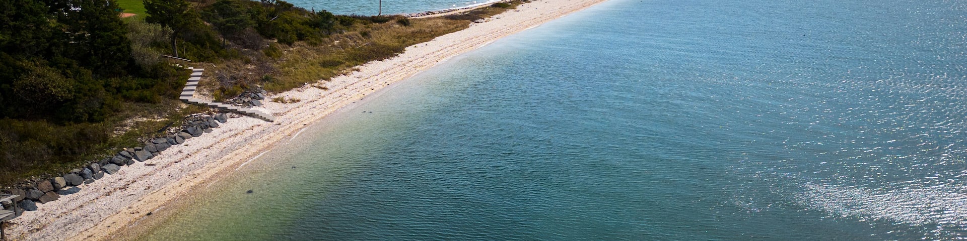 Peconic and Great Peconic bay meet at Nassau Point drone view