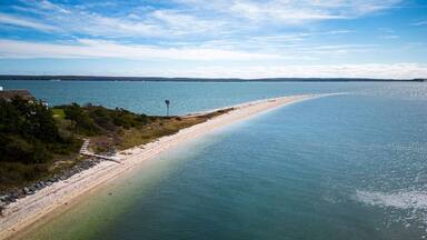 Peconic and Great Peconic bay meet at Nassau Point drone view