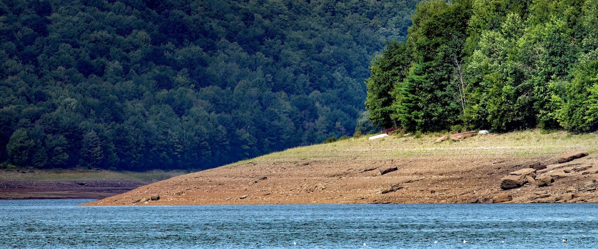 A lake with a forested hillside and a rocky shoreline.