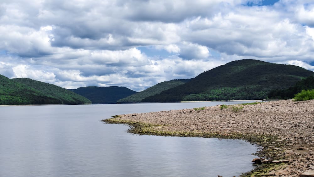 A Severe Summer drought has water at the Cannonsville Reservoir outside of Deposit in Upstate NY. The Cannonsville Reservoir is a reservoir in the New York City water supply system in Delaware County