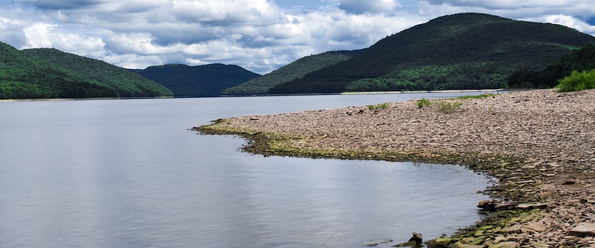 A Severe Summer drought has water at the Cannonsville Reservoir outside of Deposit in Upstate NY. The Cannonsville Reservoir is a reservoir in the New York City water supply system in Delaware County