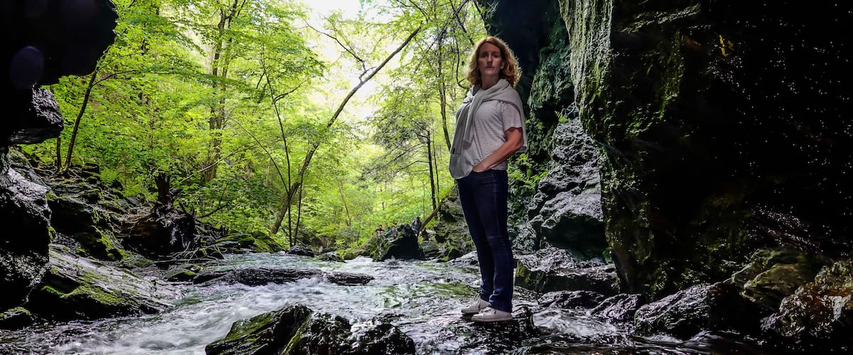 A person standing on rocks by a flowing stream in a forested area.