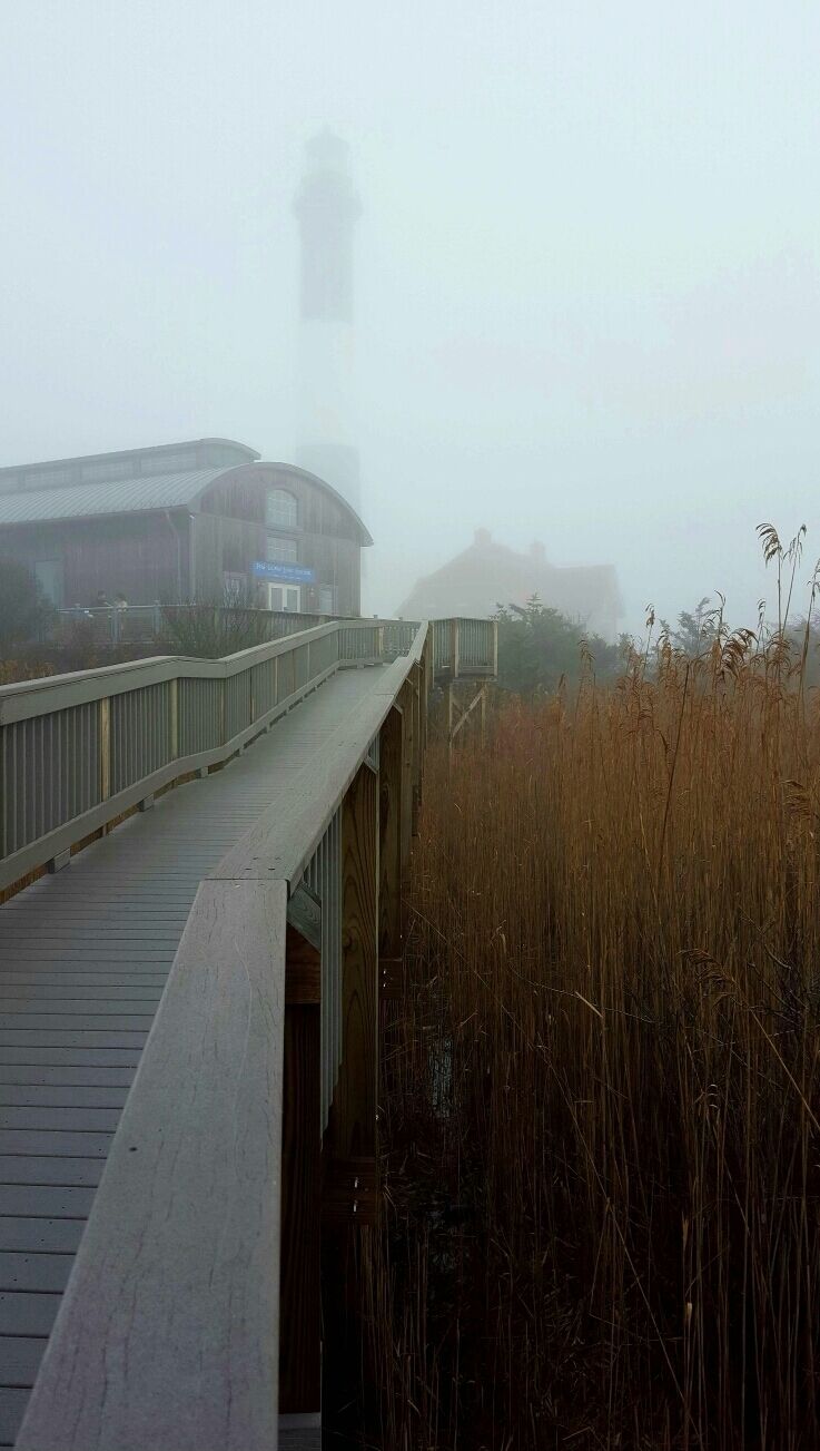Fog shrouded lighthouse on Fire Island. 