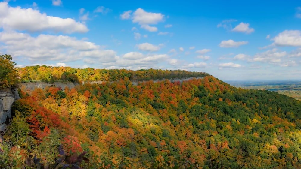 Panoramic scene of green mountains and trees in Thacher State Park in New York with blue sky