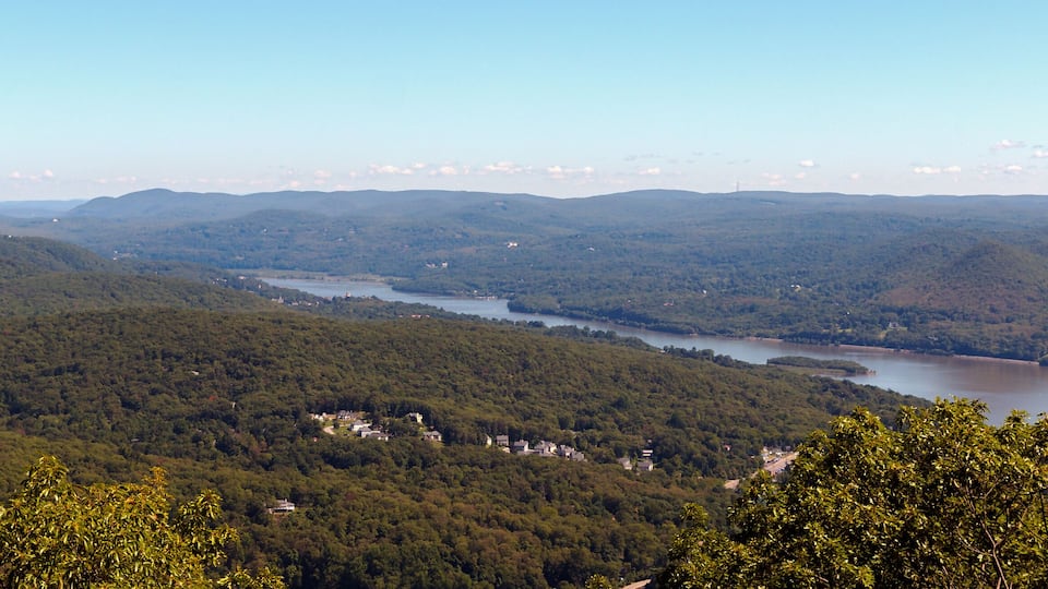 A river winding through a densely forested valley with hills in the background.