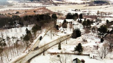 Bird's eye view of the cityscape of Hillsdale, New York under a cloudy sky in winter
