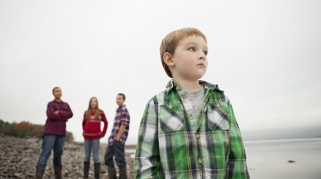 A day out at Ashokan lake. Three teenagers and a young boy on shore.