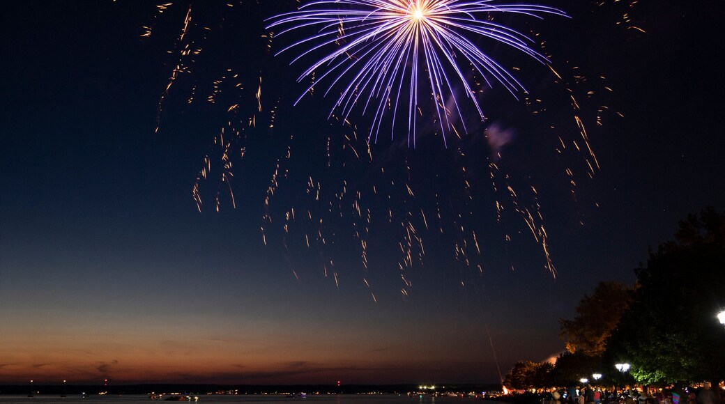 SYLVAN BEACH, NEW YORK - JULY 3, 2019: Fireworks and Celebration of the Independence at Sylvan Beach of Oneida Lake in Upstate New York.