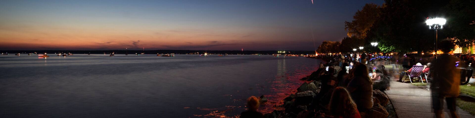 SYLVAN BEACH, NEW YORK - JULY 3, 2019: Fireworks and Celebration of the Independence at Sylvan Beach of Oneida Lake in Upstate New York.