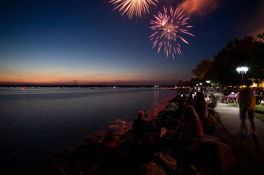SYLVAN BEACH, NEW YORK - JULY 3, 2019: Fireworks and Celebration of the Independence at Sylvan Beach of Oneida Lake in Upstate New York.