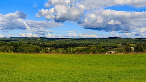 Hudson Valley skyline with farm land and meadows on a cloud filled summer day.
