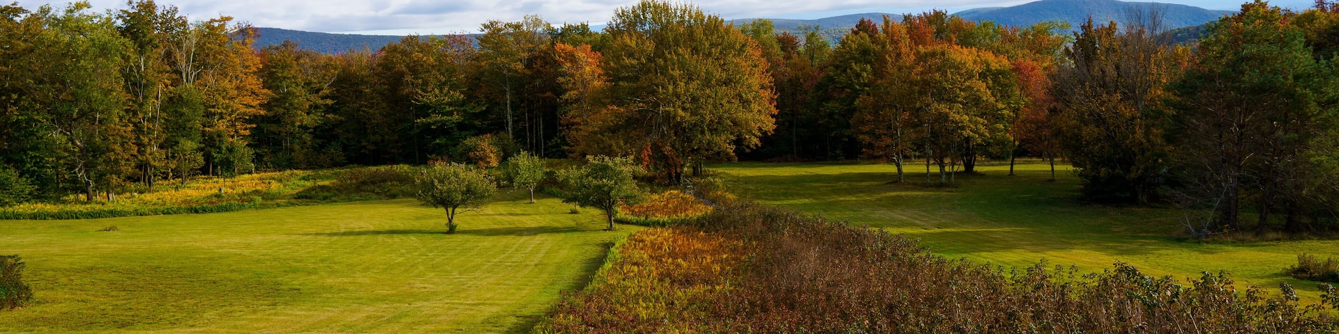 A golf course with autumn foliage, a clear sky, and distant mountains.