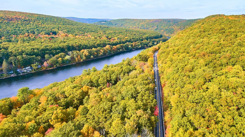 A river winding through a forested valley with a road running alongside it.