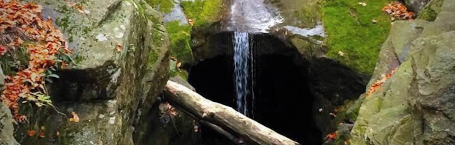 Not far from the two car parking spot up the bank and follow the trail.  Best in the fall.