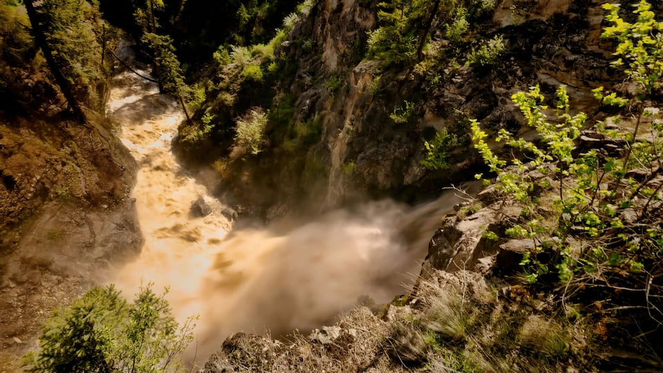 A waterfall in a forested gorge with rocky terrain and dense greenery.