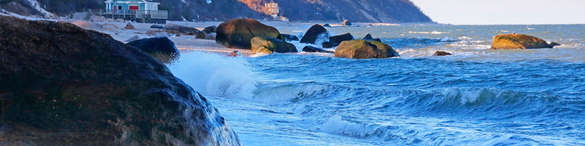Beach and glacial boulders at Wildwood State Park, Long Island, NY
