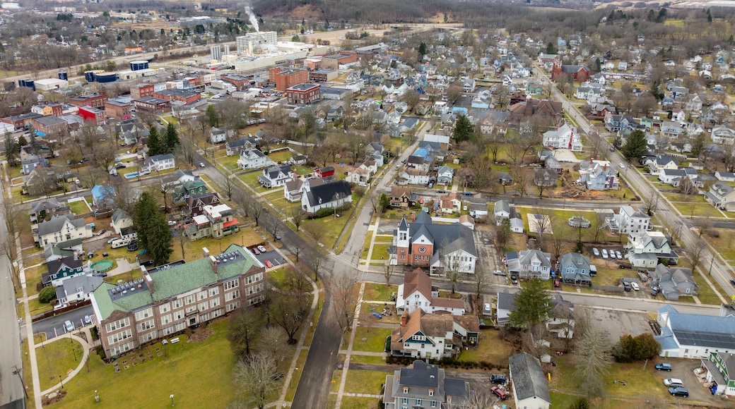 Waverly, NY, USA - 03-03-2024 - Cloudy winter aerial image of the downtown area in the Village of Waverly, NY.