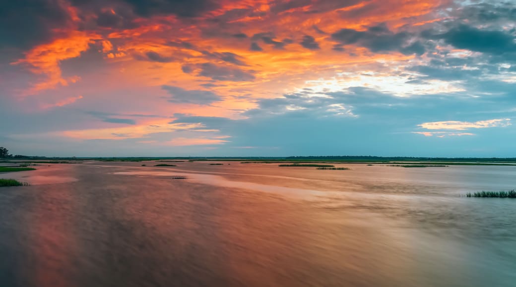 View of Bogue Sound from the dock at Emerald Isle Woods Park at sunset