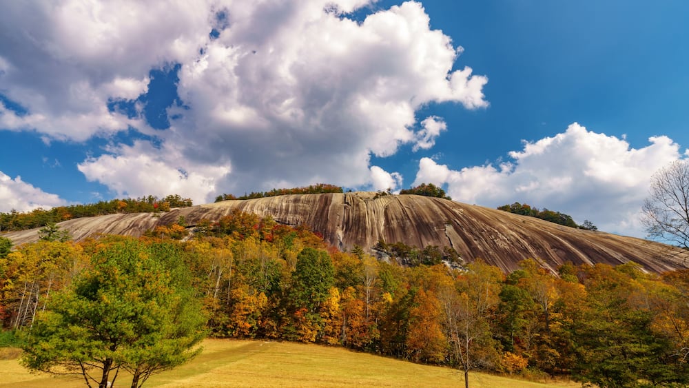 A large rock formation with autumn foliage, a clear sky, and a grassy foreground.