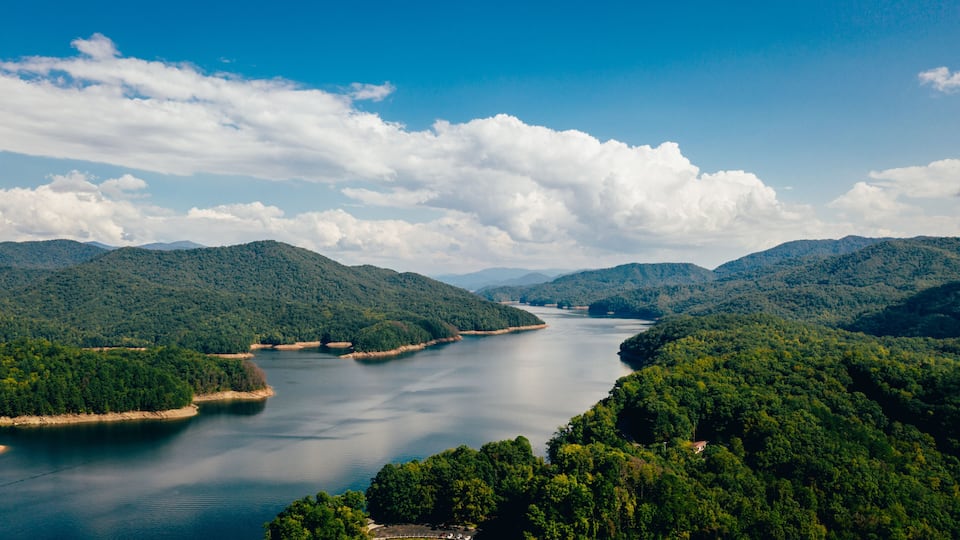 A river winding through a forested valley with hills on either side.
