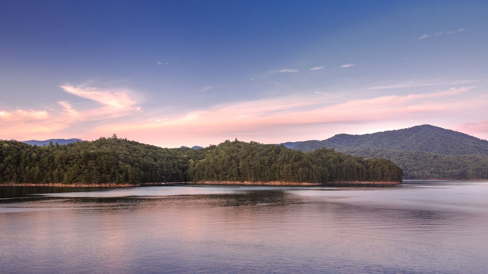 A calm lake surrounded by dense forest and a mountain range.