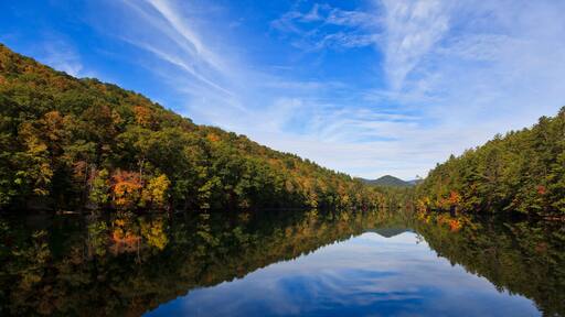 A calm lake reflecting the surrounding autumn foliage and a clear blue sky.