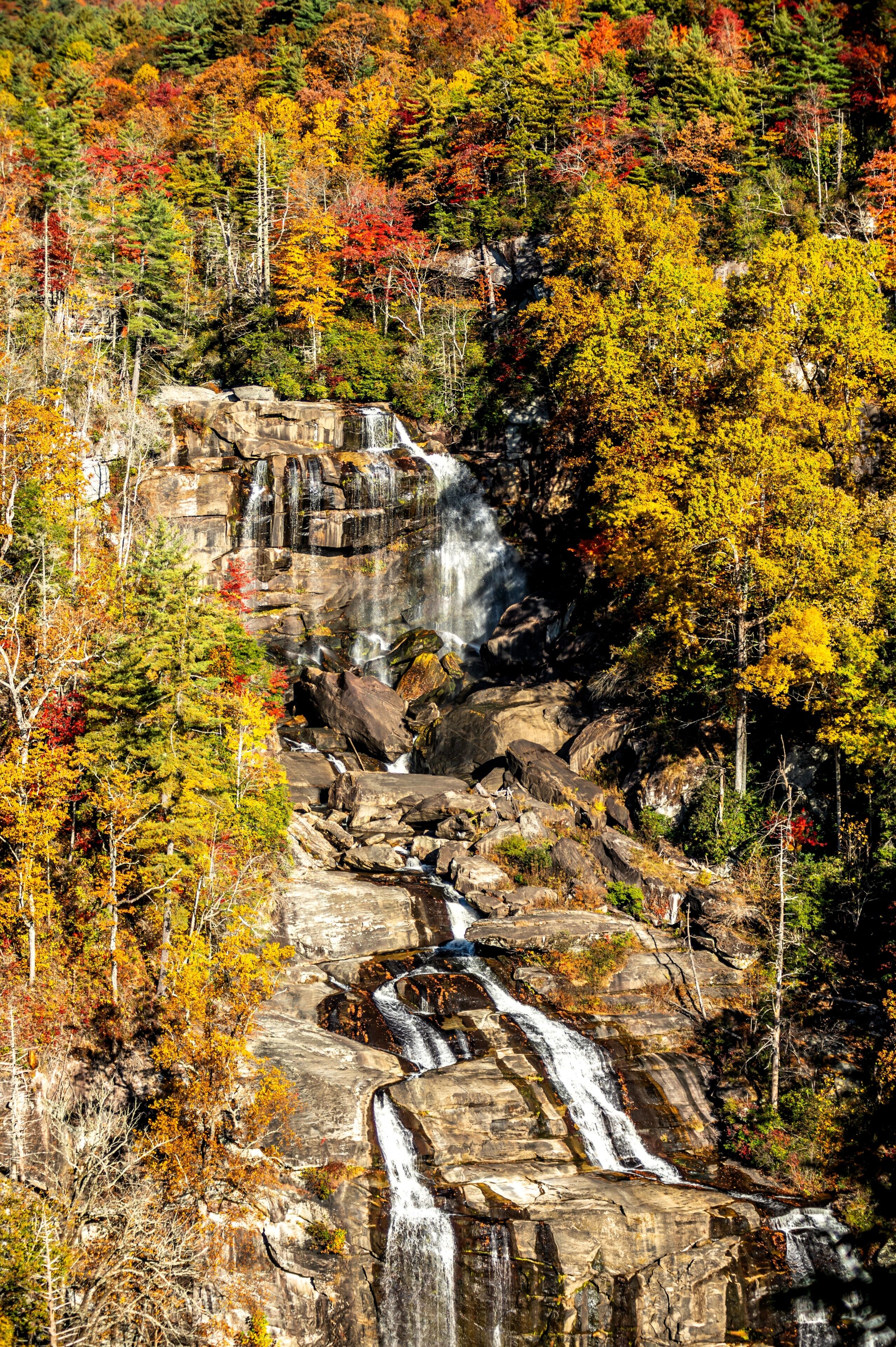 A waterfall cascading over rocky terrain surrounded by autumn-colored trees.