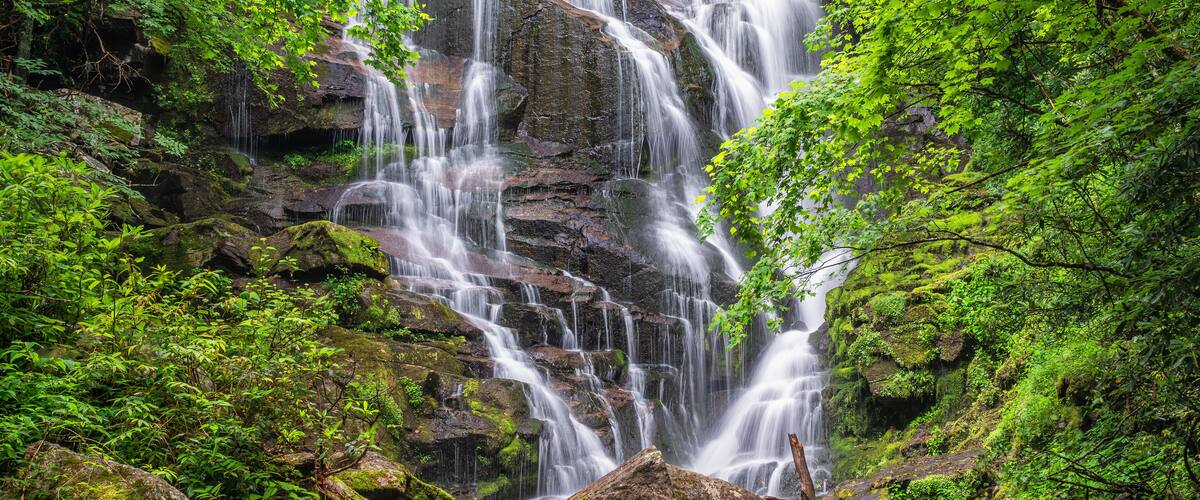 A multi-tiered waterfall surrounded by lush green foliage.