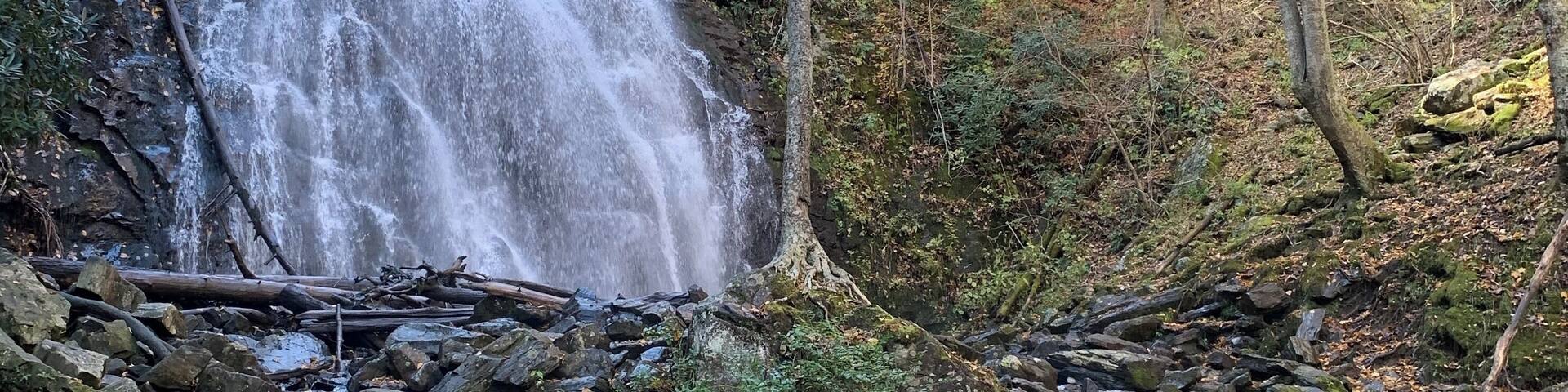 A waterfall in a forest with autumn foliage.