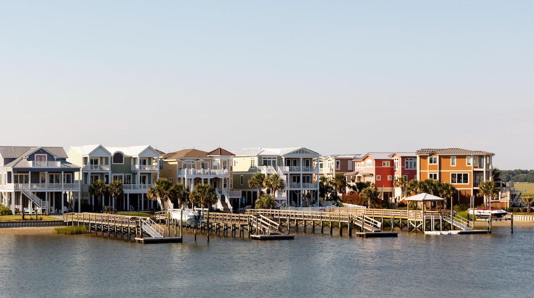 Wide angle view of luxury beach rental houses on the intercoastal waterway, Sunset Beach, North Carolina