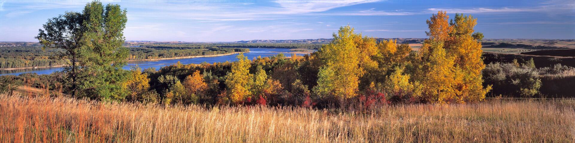 A river, autumn trees, and a grassy field.