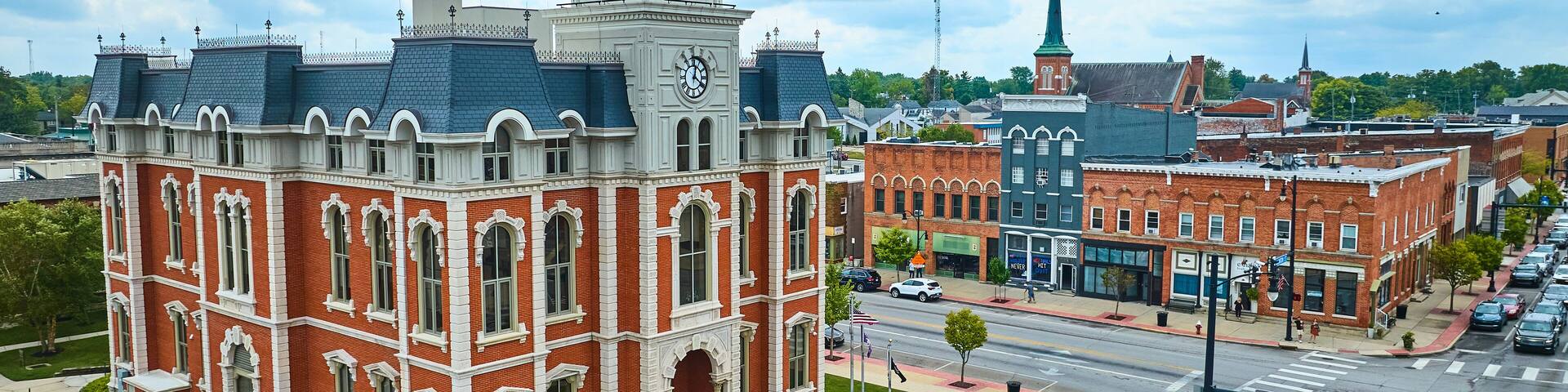 Aerial View of Historic Courthouse and Town Square in Defiance, Ohio