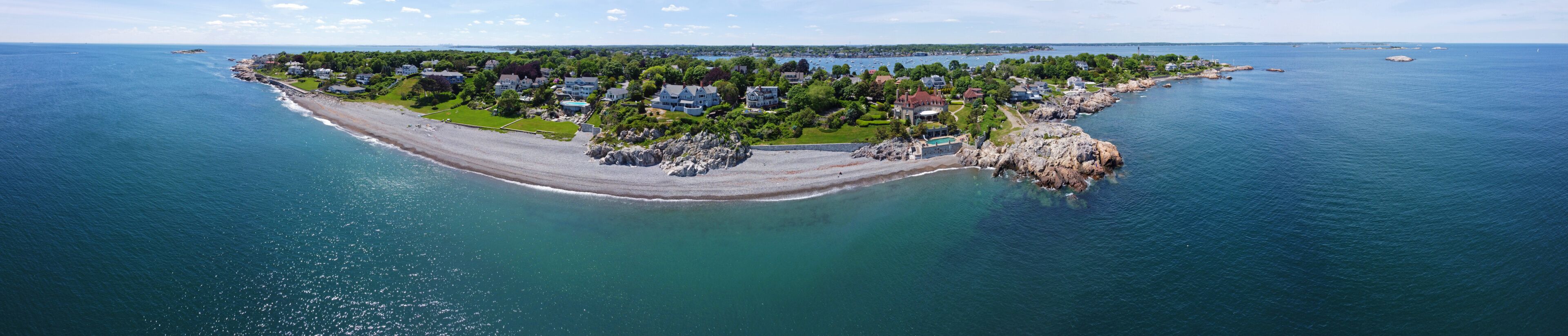 Castle Rock and beach park aerial view, Marblehead, Massachusetts MA, USA.