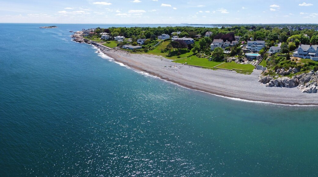Castle Rock and beach park aerial view, Marblehead, Massachusetts MA, USA.