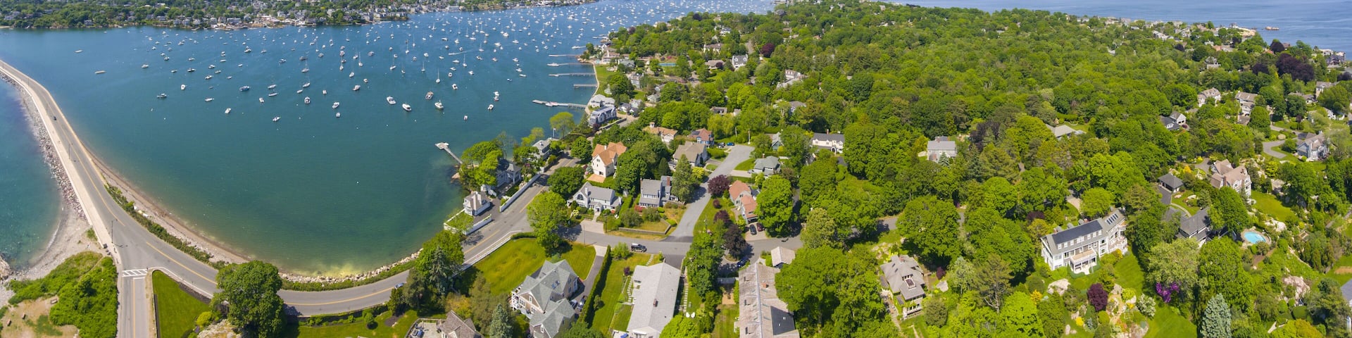 Aerial view panorama of Marblehead Neck and Marblehead Harbor in town of Marblehead, Massachusetts MA, USA.