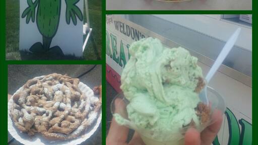 Welcome to Zucchini-Fest! The crowning achievement of the village of Obetz, OH. Come celebrate all the culinary delights of Cucurbita pepo! Clockwise we have deep fried zucchini chips with ranch dressing, zucchini bread batter ice cream with lemon curd and finally, a zucchini funnel cake with cinnamon and cream cheese icing!