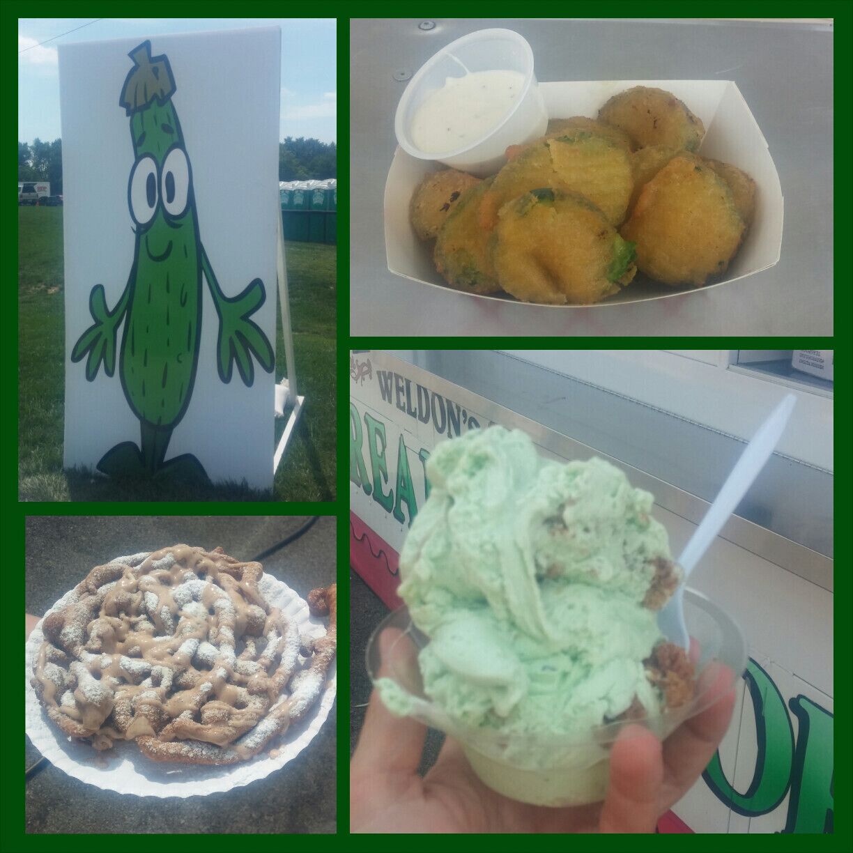 A cartoon character, fried food, a dessert, and a drink.
