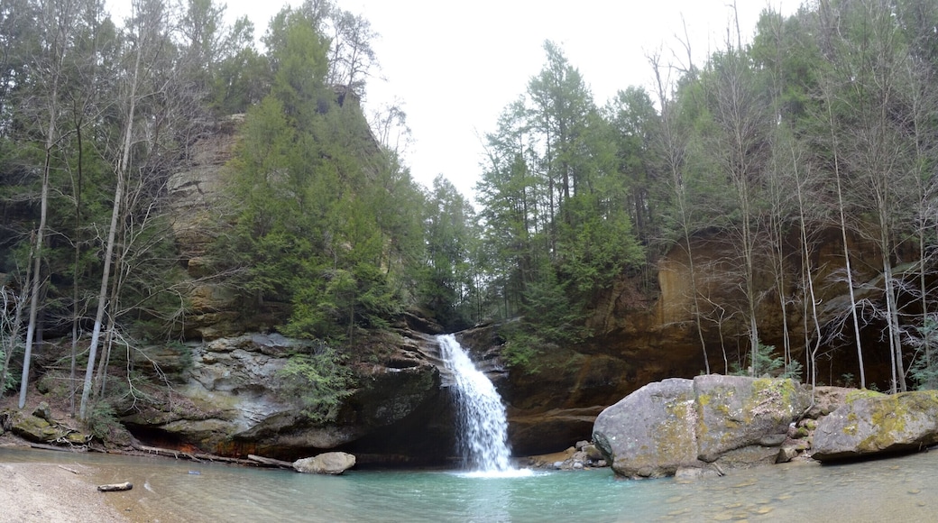 The lower falls at Old Man's Cave.
If you want to see the falls at their peak, head there in late winter/early spring just as the snow melts and preferably after a heavy rain fall. Also if your schedule permits, head there on a weekday morning and you just might have the place to yourself for a bit.
Old Man's Cave derives its name from the hermit Richard Rowe who lived in the large recess cave of the gorge. Rowe lived out his life in the area and is buried beneath the ledge of the main recess cave.
